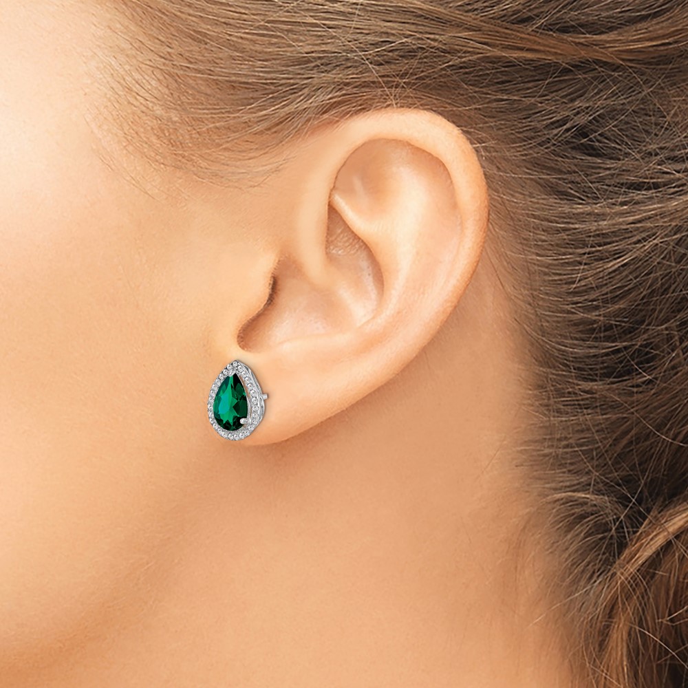 Sterling Silver Rhodium Simulated Emerald & CZ Post Earrings (QE12637MAY)
