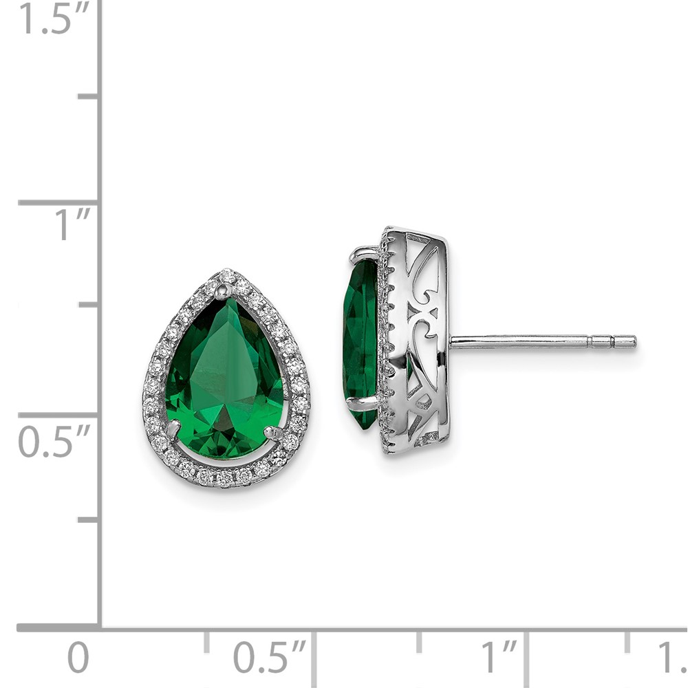 Sterling Silver Rhodium Simulated Emerald & CZ Post Earrings (QE12637MAY)