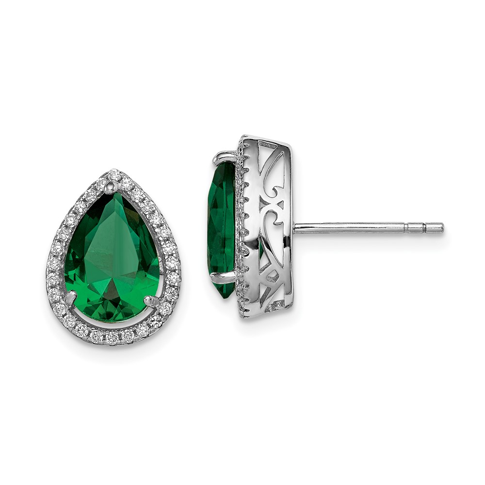 Sterling Silver Rhodium Simulated Emerald & CZ Post Earrings (QE12637MAY)