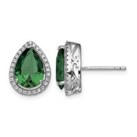 Sterling Silver Rhodium Simulated Emerald & CZ Post Earrings view 1