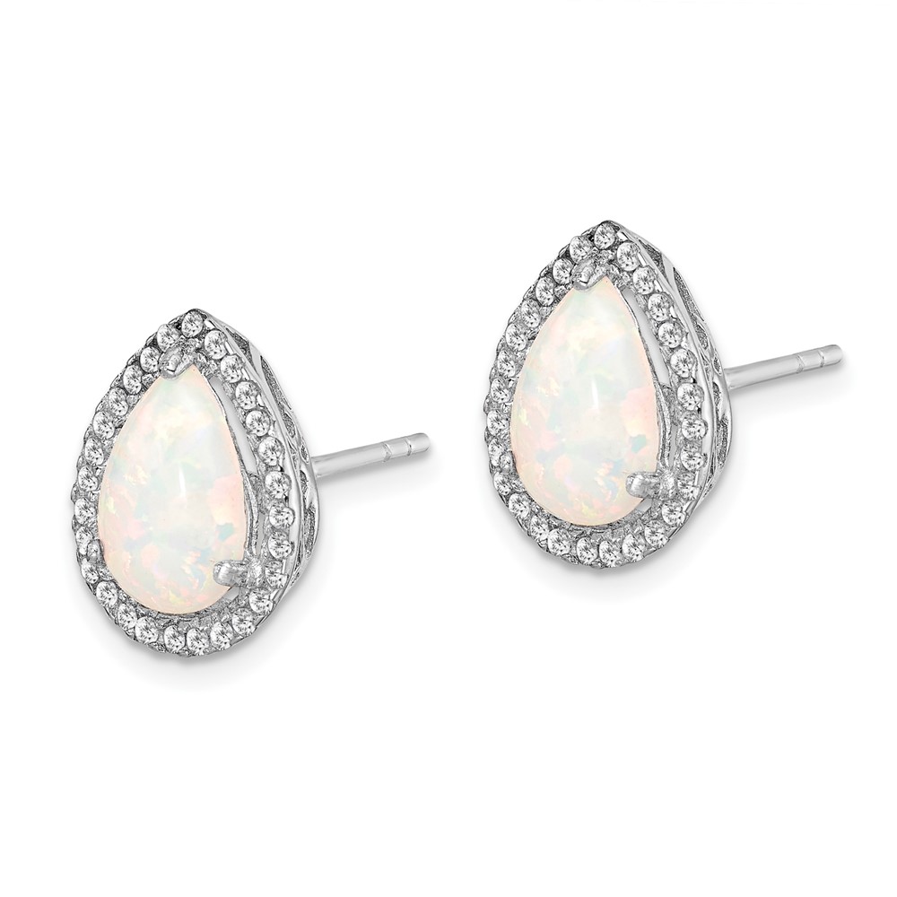Sterling Silver Rhodium Polished Simulated Opal & CZ Post Earrings (QE12637OCT)