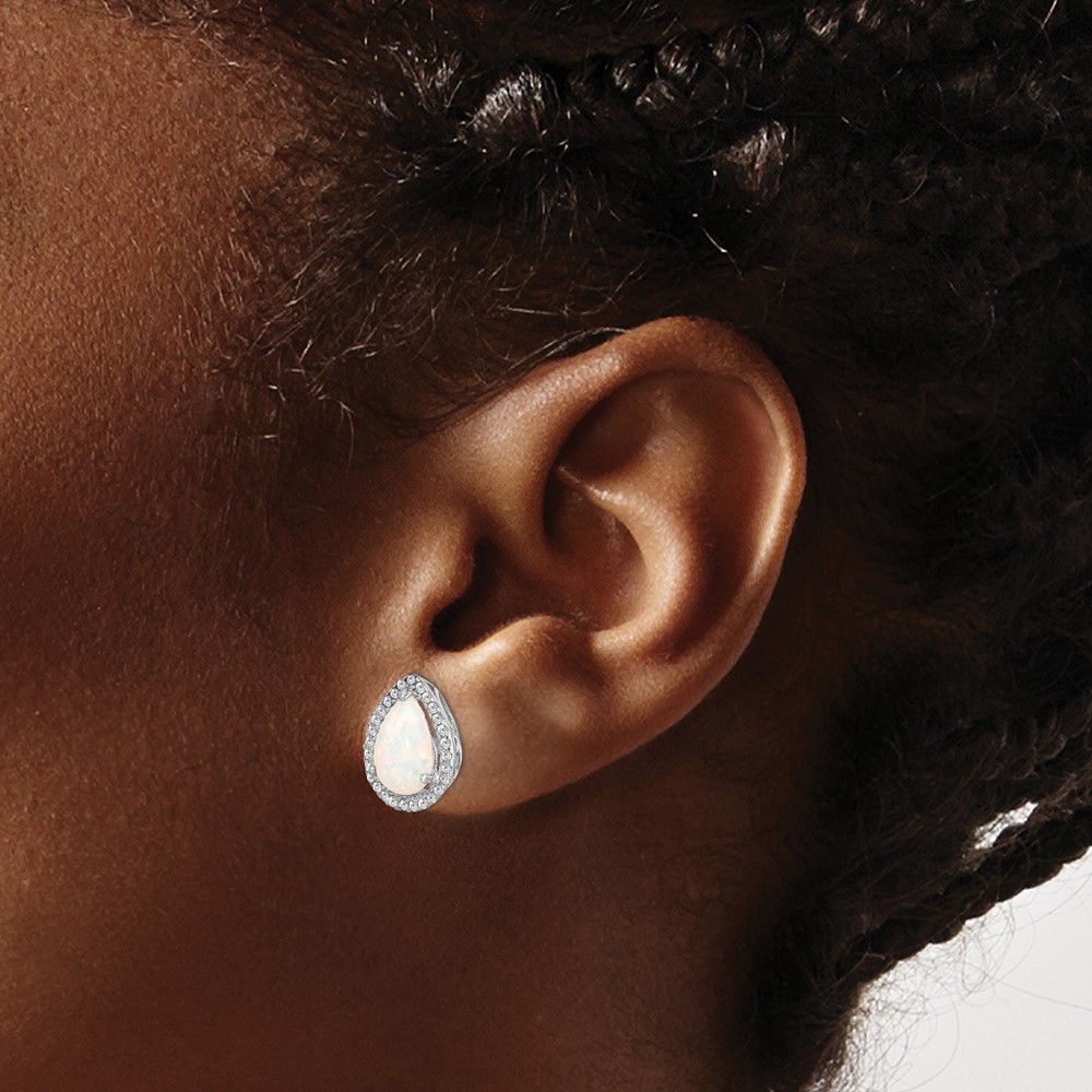 Sterling Silver Rhodium Polished Simulated Opal & CZ Post Earrings (QE12637OCT)