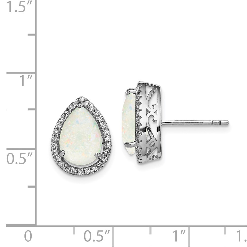 Sterling Silver Rhodium Polished Simulated Opal & CZ Post Earrings (QE12637OCT)