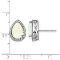 Sterling Silver Rhodium Polished Simulated Opal & CZ Post Earrings view 4