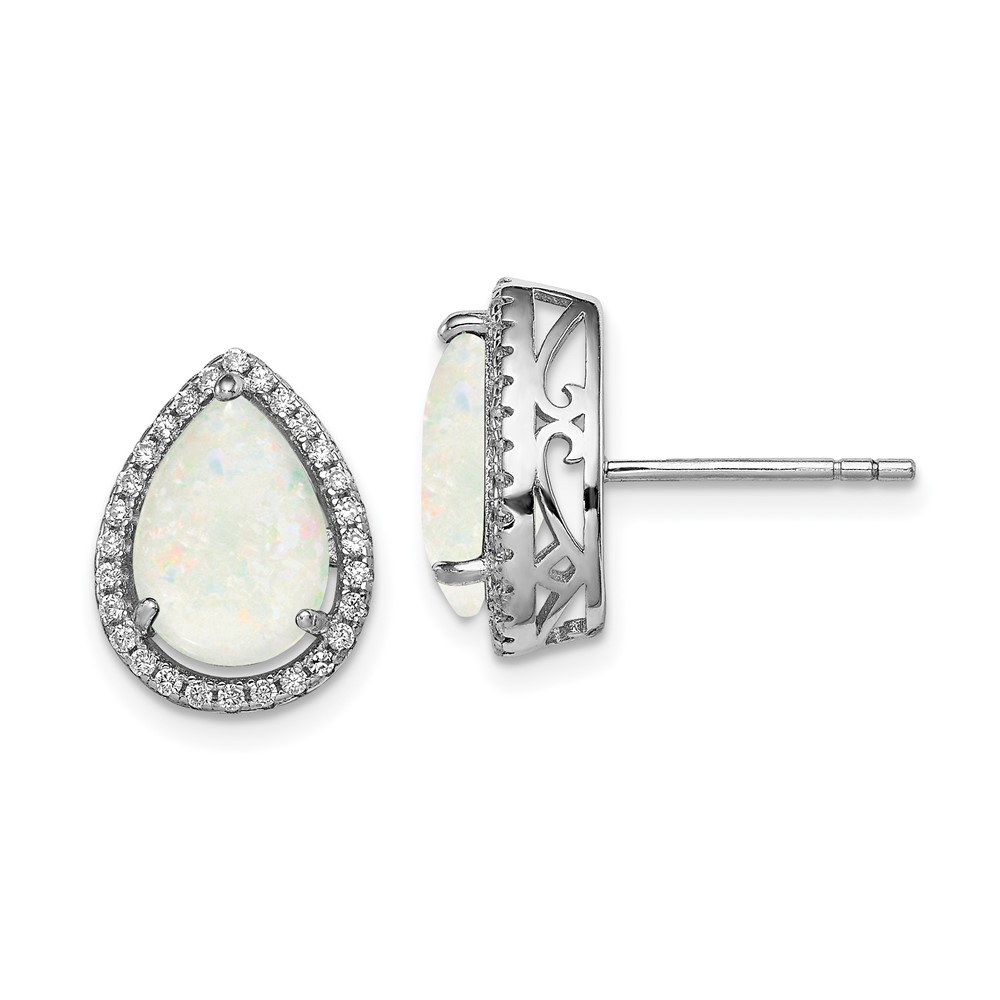 Sterling Silver Rhodium Polished Simulated Opal & CZ Post Earrings (QE12637OCT)