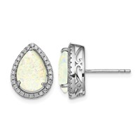 Sterling Silver Rhodium Polished Simulated Opal & CZ Post Earrings view 1