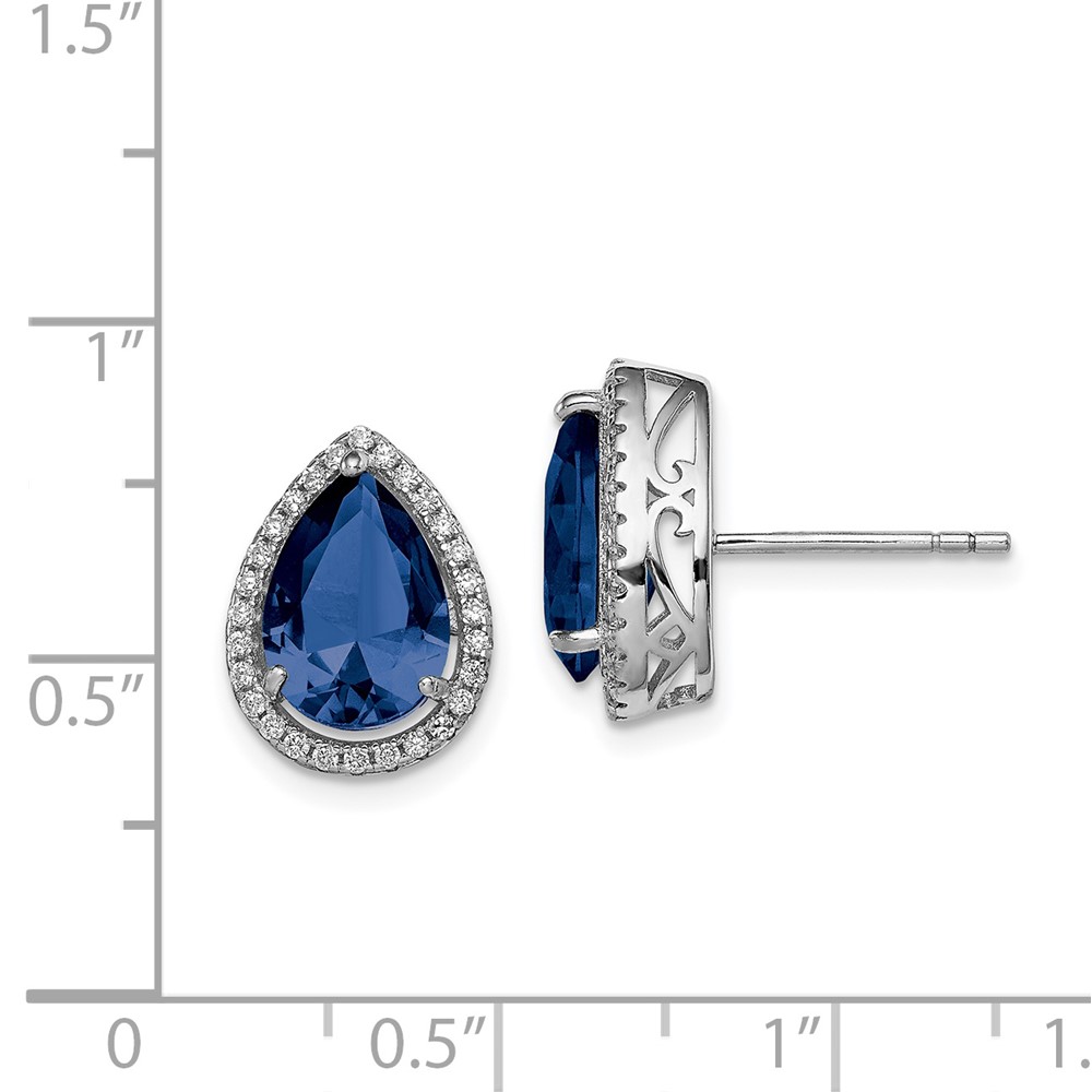 Sterling Silver Rhodium Created Sapphire & CZ Post Earrings (QE12637SEP)