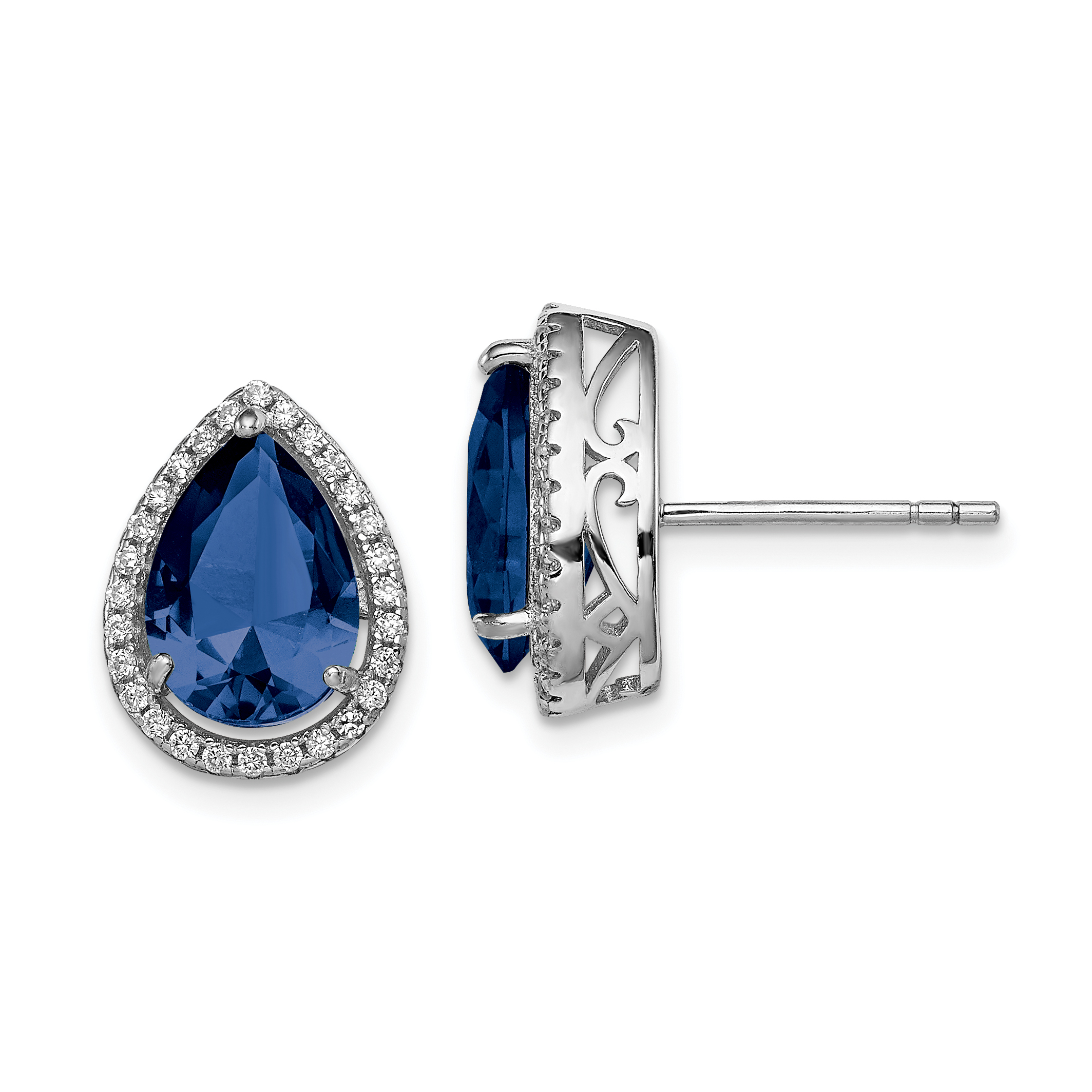 Sterling Silver Rhodium Created Sapphire & CZ Post Earrings (QE12637SEP)