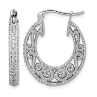 Sterling Silver Rhodium with Diam. Hinged Hoop Earrings view 1