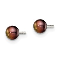Sterling Silver Rhodium-plated 3-4mm Black Button Freshwater Cultured Pearl Post Earrings view 2