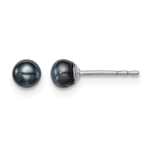 Sterling Silver Rhodium-plated 3-4mm Black Button Freshwater Cultured Pearl Post Earrings