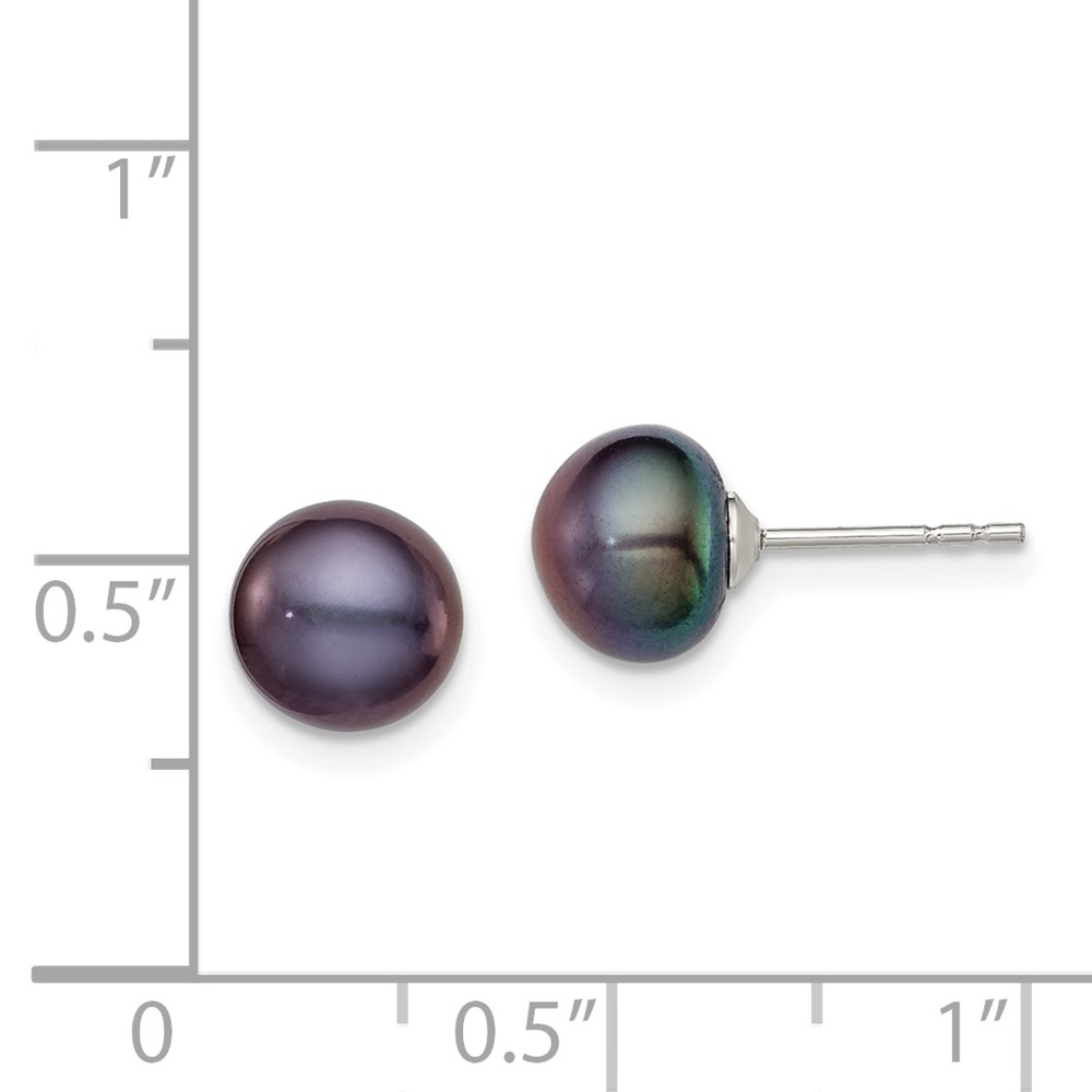Sterling Silver Rhodium-plated 7-8mm Black Button Freshwater Cultured Pearl Post Earring (QE12668)