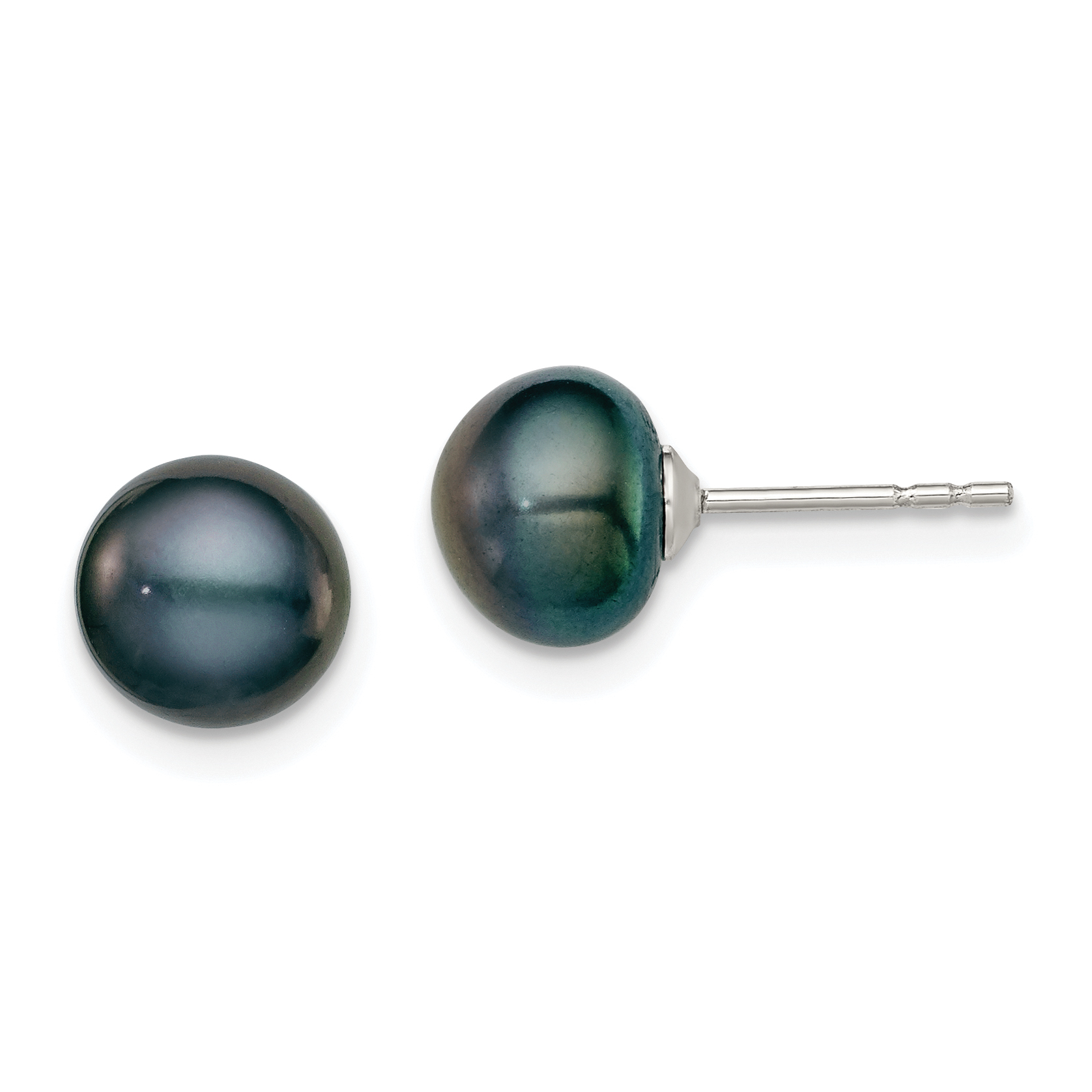 Sterling Silver Rhodium-plated 7-8mm Black Button Freshwater Cultured Pearl Post Earring (QE12668)