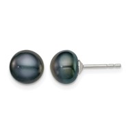 Sterling Silver Rhodium-plated 7-8mm Black Button Freshwater Cultured Pearl Post Earring view 1
