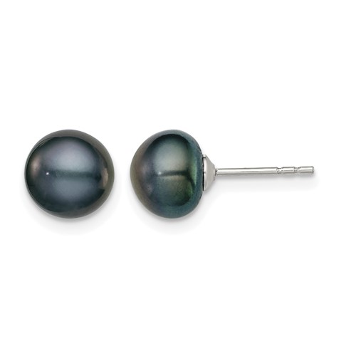 Sterling Silver Rhodium-plated 7-8mm Black Button Freshwater Cultured Pearl Post Earring