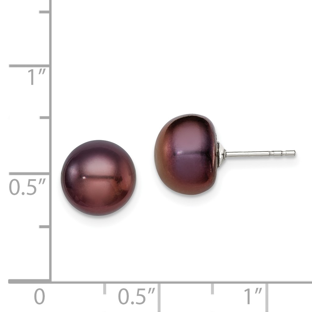 Sterling Silver Rhodium-plated 9-10mm Black Button Freshwater Cultured Pearl Post Earrings (QE12669)