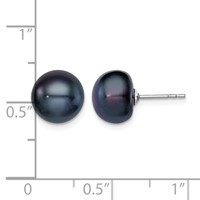 Sterling Silver Rhodium-plated 9-10mm Black Button Freshwater Cultured Pearl Post Earrings view 4