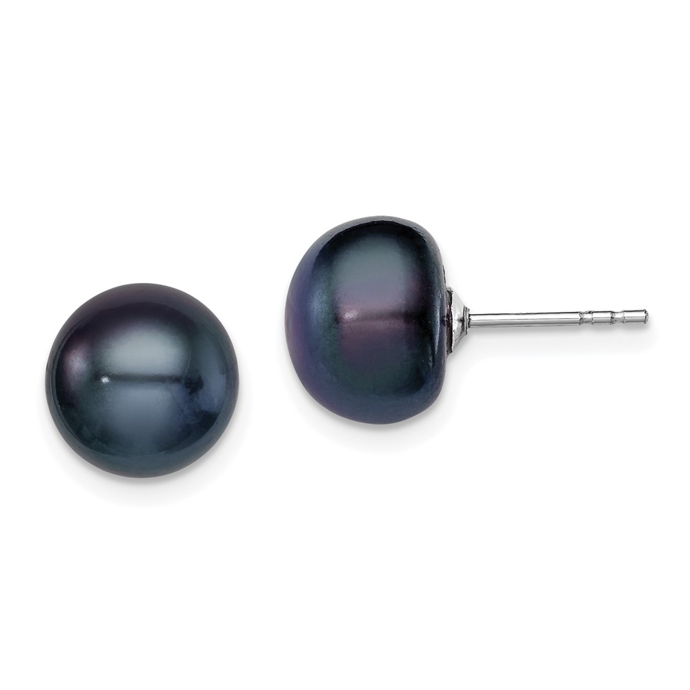 Sterling Silver Rhodium-plated 9-10mm Black Button Freshwater Cultured Pearl Post Earrings (QE12669)