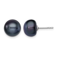 Sterling Silver Rhodium-plated 9-10mm Black Button Freshwater Cultured Pearl Post Earrings view 1