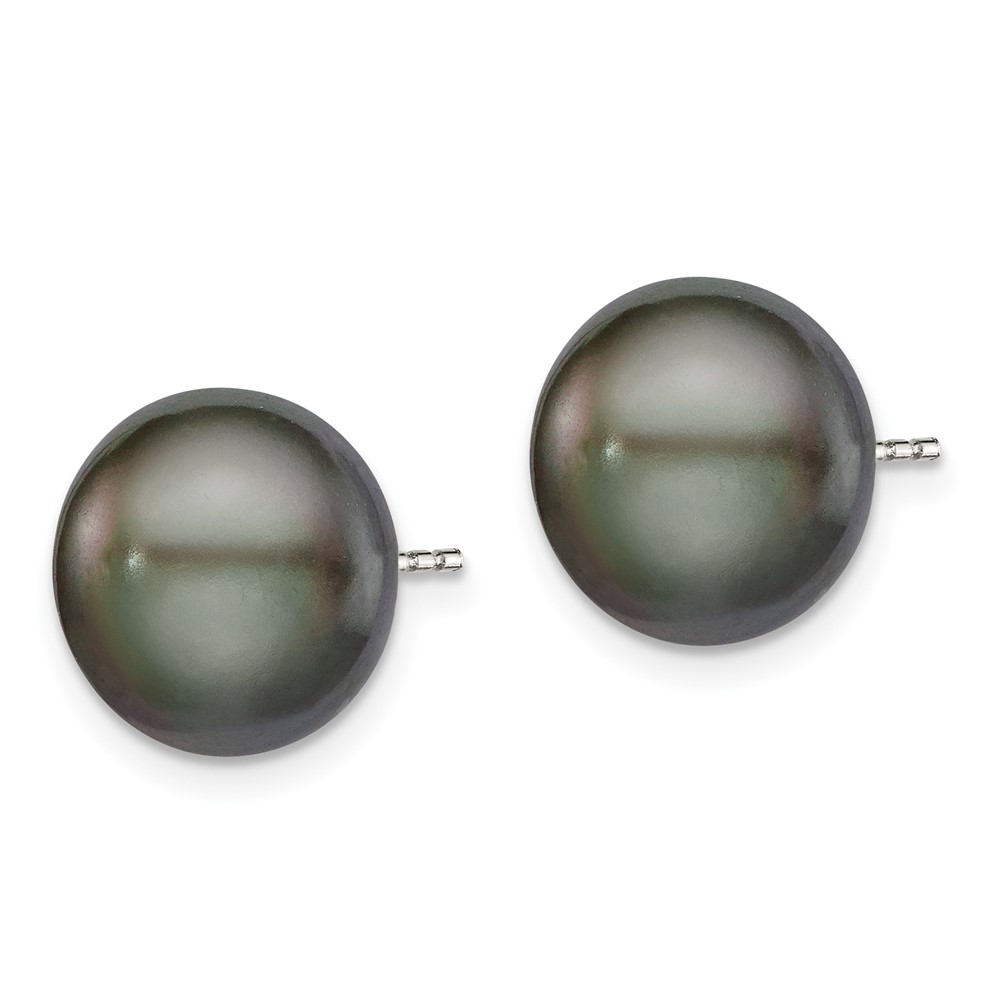 Sterling Silver Rhodium-plated 11-12mm Black Button Freshwater Cultured Pearl Post Earrings (QE12670)