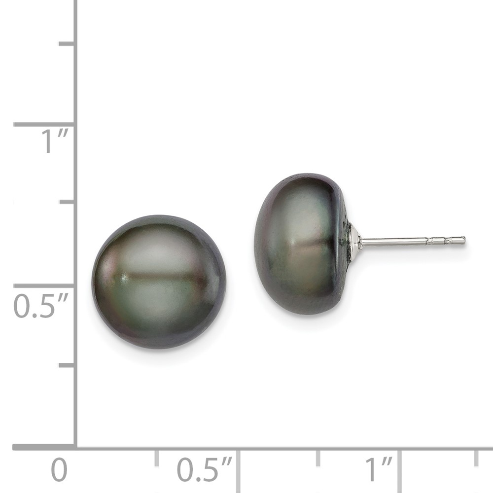 Sterling Silver Rhodium-plated 11-12mm Black Button Freshwater Cultured Pearl Post Earrings (QE12670)