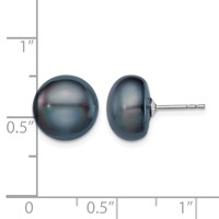 Sterling Silver Rhodium-plated 11-12mm Black Button Freshwater Cultured Pearl Post Earrings view 4