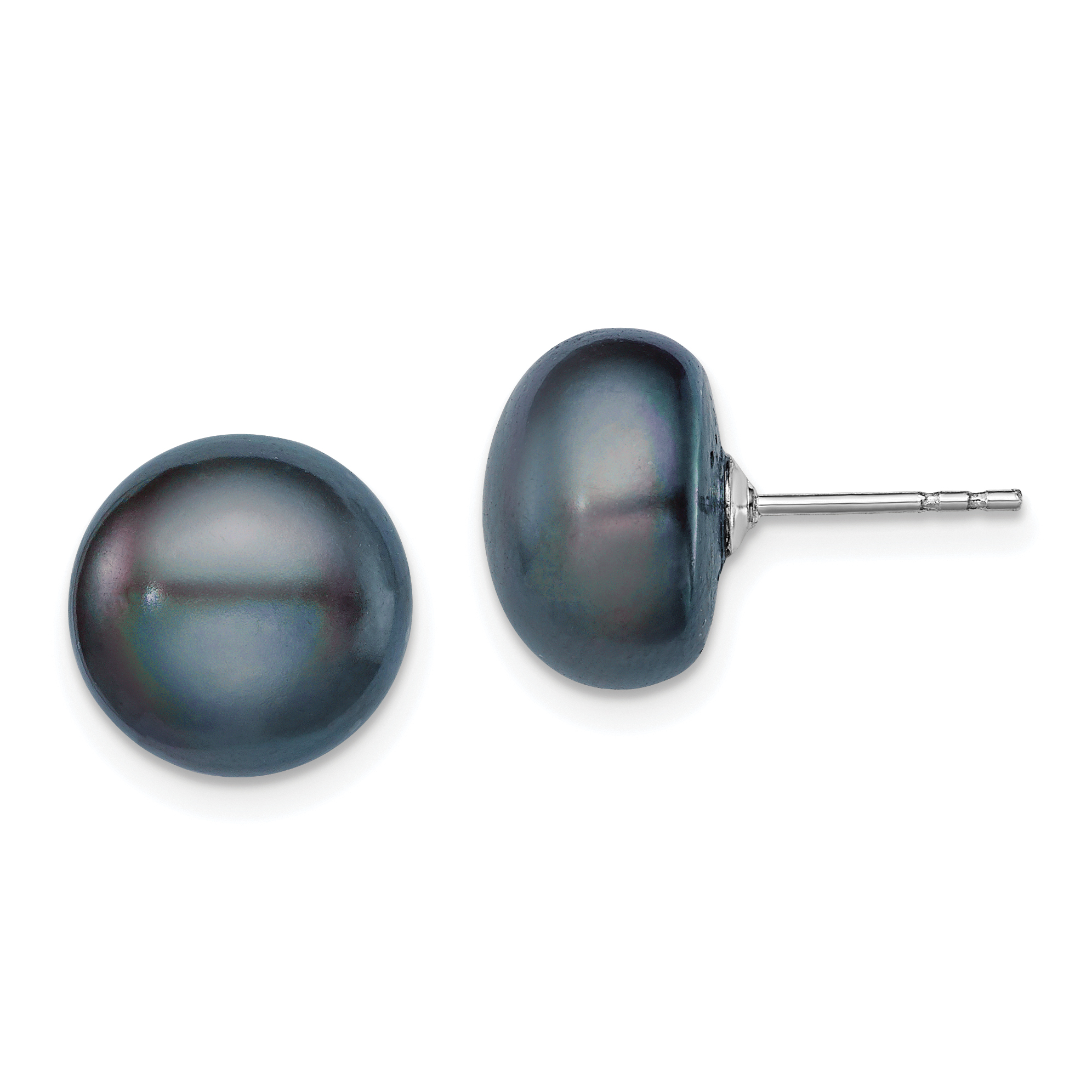 Sterling Silver Rhodium-plated 11-12mm Black Button Freshwater Cultured Pearl Post Earrings (QE12670)