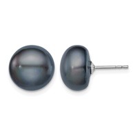 Sterling Silver Rhodium-plated 11-12mm Black Button Freshwater Cultured Pearl Post Earrings view 1