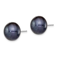 Sterling Silver Rhodium-plated 12-13mm Black Button Freshwater Cultured Pearl Post Earrings view 2