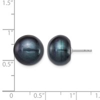 Sterling Silver Rhodium-plated 12-13mm Black Button Freshwater Cultured Pearl Post Earrings view 4