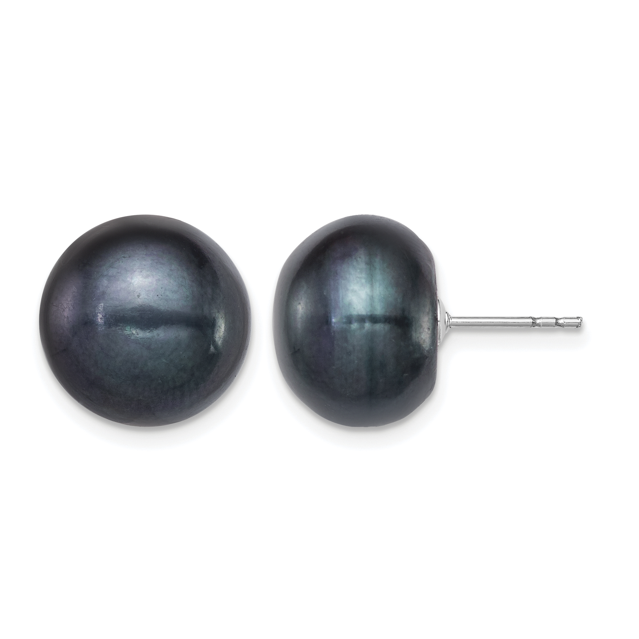 Sterling Silver Rhodium-plated 12-13mm Black Button Freshwater Cultured Pearl Post Earrings (QE12671)