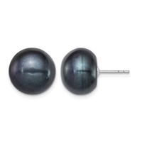 Sterling Silver Rhodium-plated 12-13mm Black Button Freshwater Cultured Pearl Post Earrings view 1