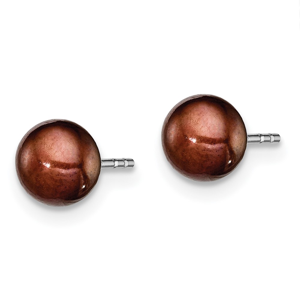 Sterling Silver Rhodium-plated 5-6mm Brown Button Freshwater Cultured Pearl Post Earring (QE12672)
