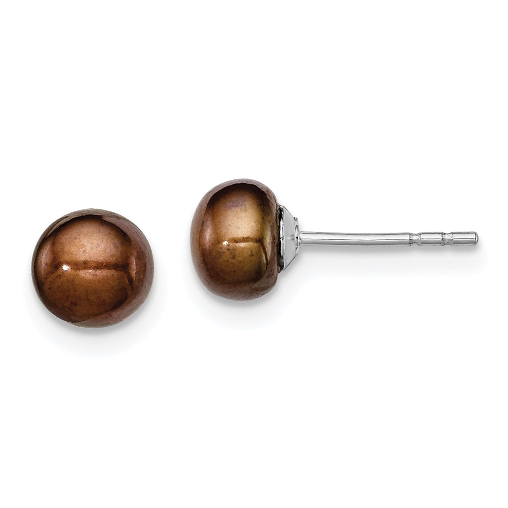 Sterling Silver Rhodium-plated 5-6mm Brown Button Freshwater Cultured Pearl Post Earring (QE12672)