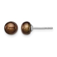 Sterling Silver Rhodium-plated 5-6mm Brown Button Freshwater Cultured Pearl Post Earring view 1