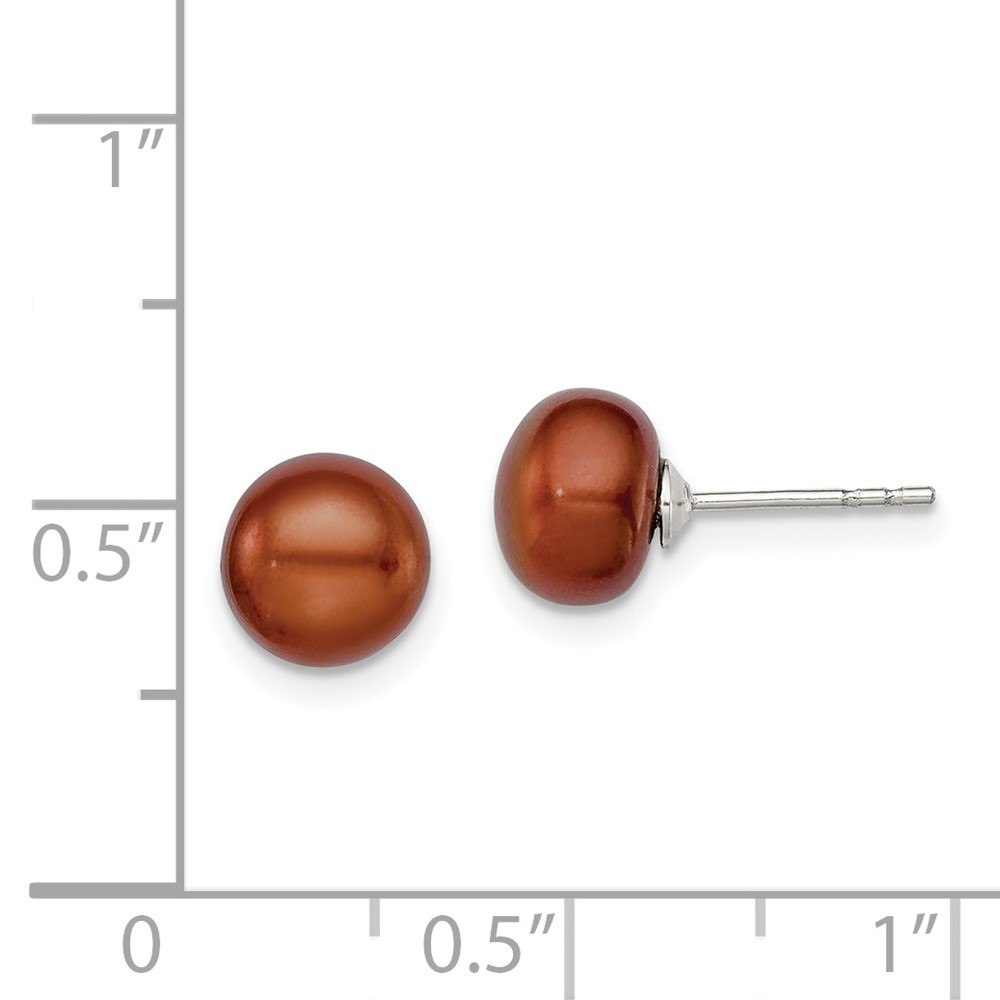 Sterling Silver Rhodium-plated 7-8mm Brown Button Freshwater Cultured Pearl Post Earring (QE12673)