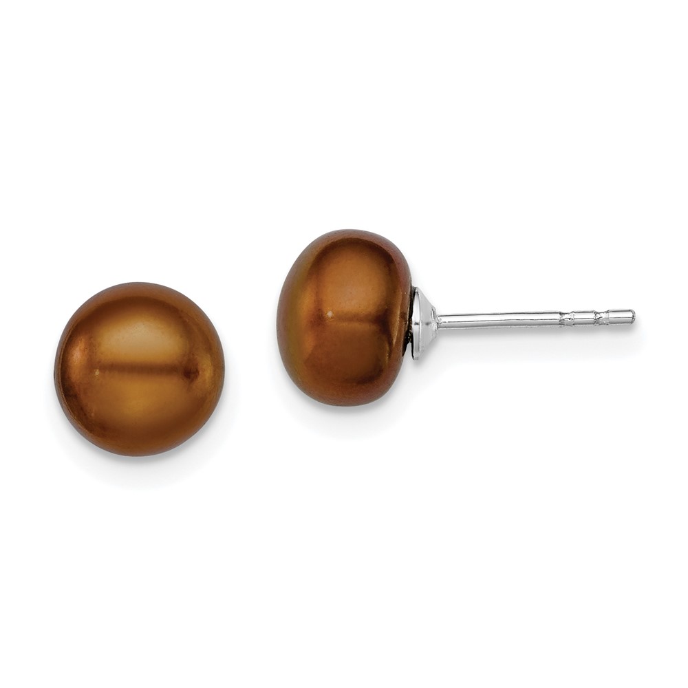 Sterling Silver Rhodium-plated 7-8mm Brown Button Freshwater Cultured Pearl Post Earring (QE12673)