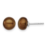 Sterling Silver Rhodium-plated 7-8mm Brown Button Freshwater Cultured Pearl Post Earring view 1