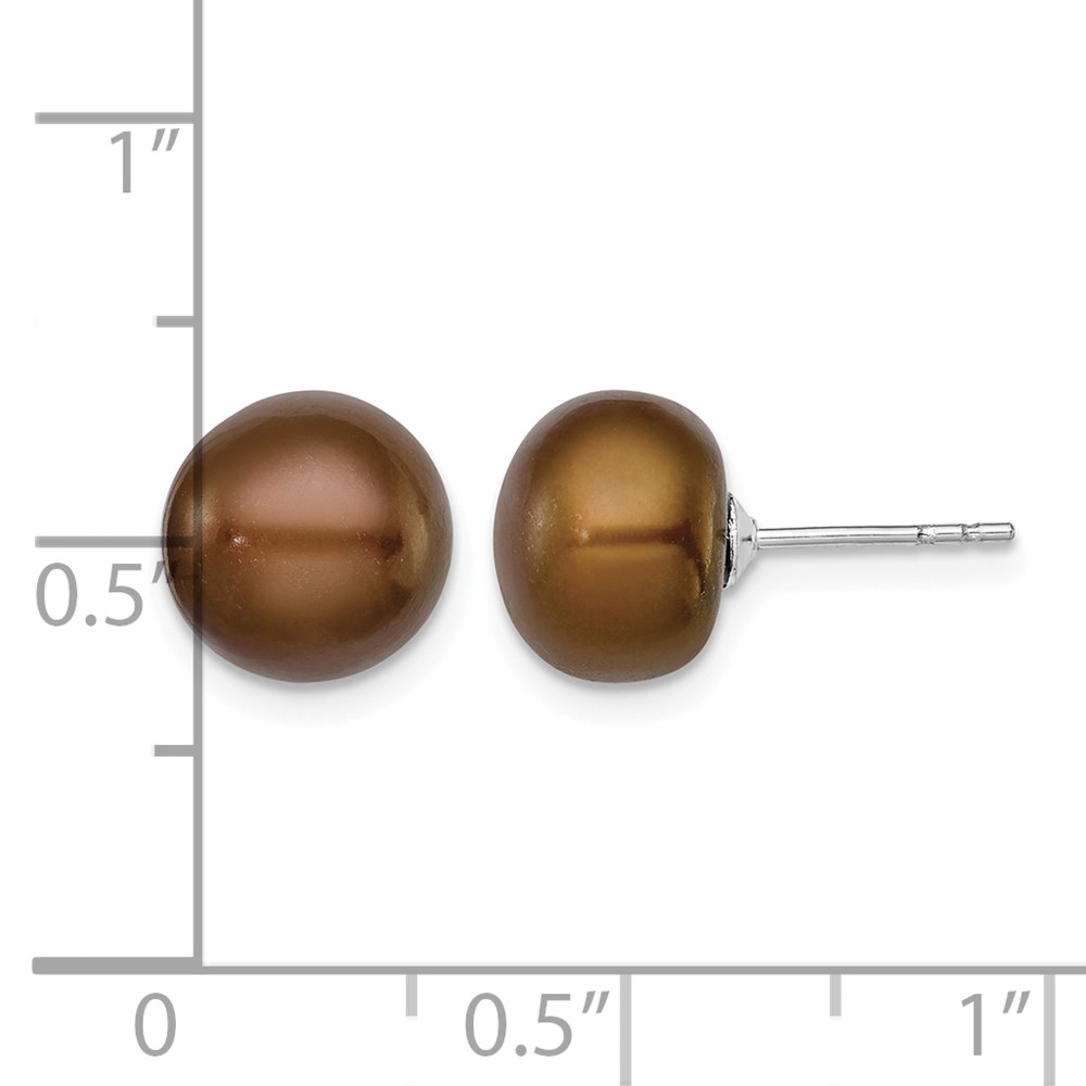 Sterling Silver Rhodium-plated 9-10mm Brown Button Freshwater Cultured Pearl Post Earrings (QE12674)
