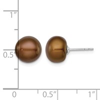 Sterling Silver Rhodium-plated 9-10mm Brown Button Freshwater Cultured Pearl Post Earrings view 4
