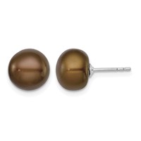 Sterling Silver Rhodium-plated 9-10mm Brown Button Freshwater Cultured Pearl Post Earrings view 1