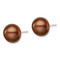 Sterling Silver Rhodium-plated 11-12mm Brown Button Freshwater Cultured Pearl Post Earrings view 2