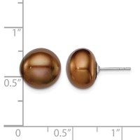 Sterling Silver Rhodium-plated 11-12mm Brown Button Freshwater Cultured Pearl Post Earrings view 4