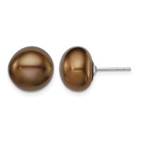 Sterling Silver Rhodium-plated 11-12mm Brown Button Freshwater Cultured Pearl Post Earrings view 1