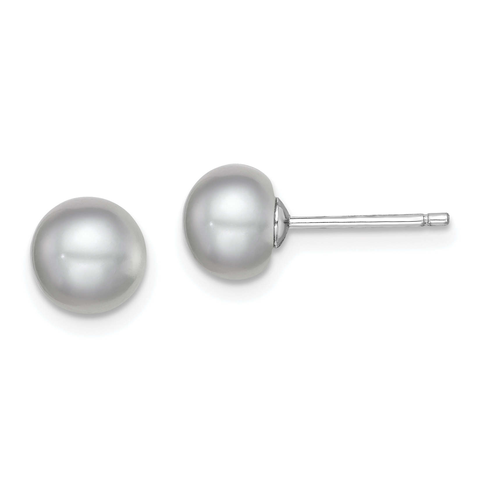 Sterling Silver Rhodium-plated 7-8mm Grey Button Freshwater Cultured Pearl Post Earrings (QE12678)
