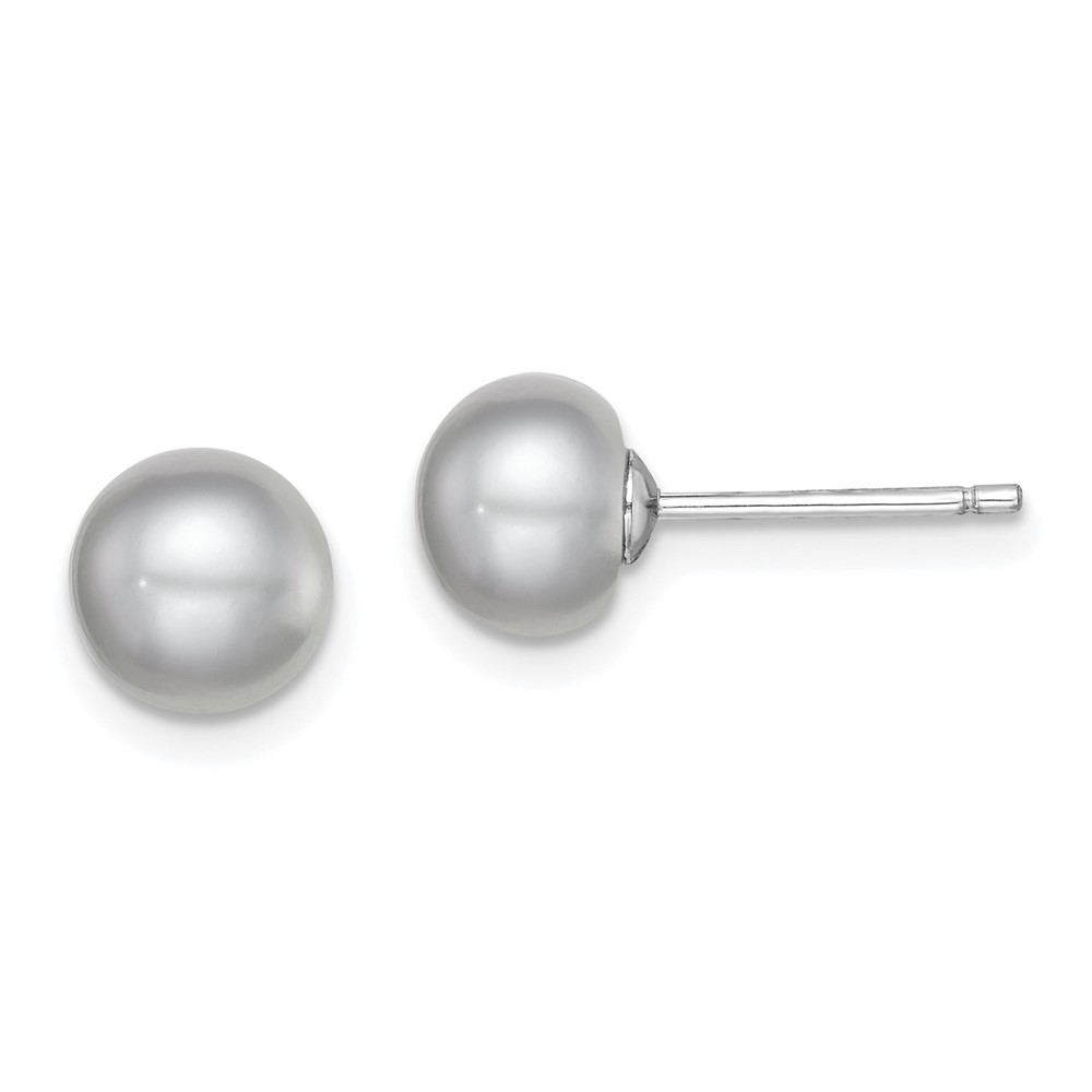 Sterling Silver Rhodium-plated 7-8mm Grey Button Freshwater Cultured Pearl Post Earrings (QE12678)
