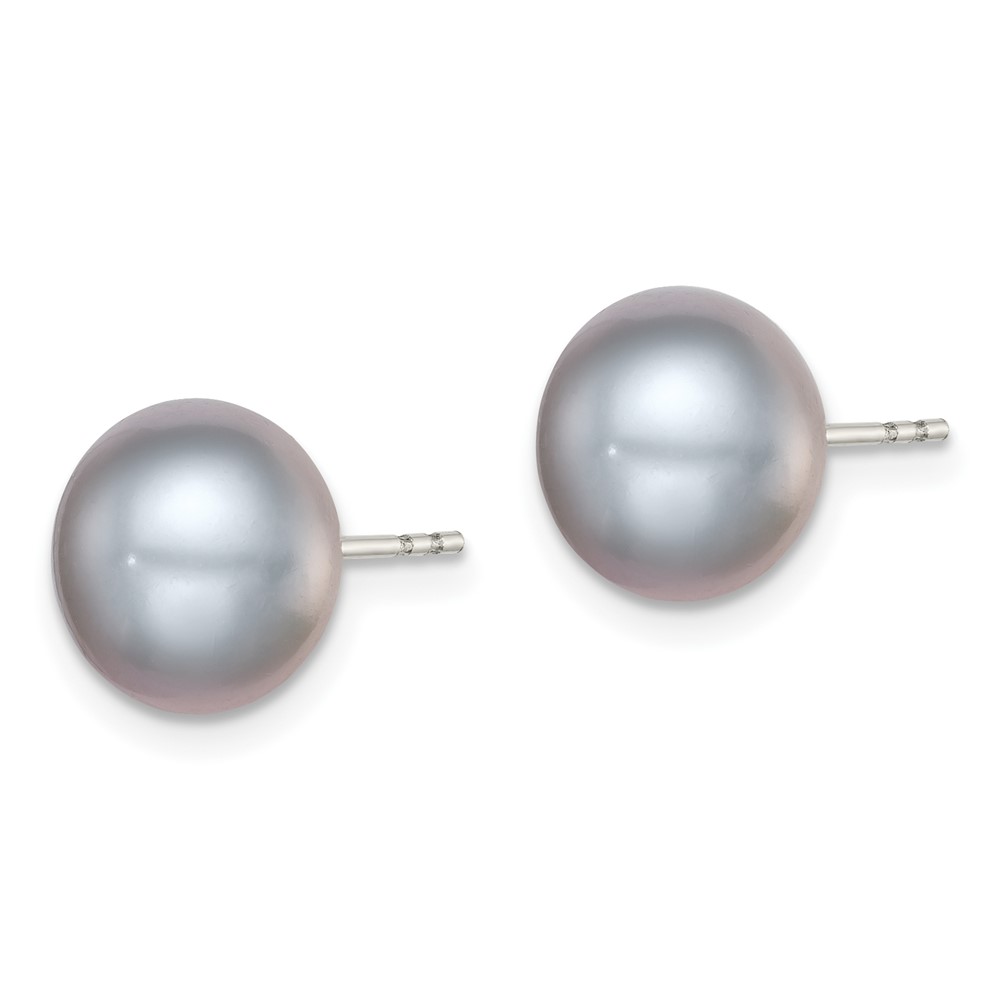 Sterling Silver Rhodium-plated 9-10mm Grey Button Freshwater Cultured Pearl Post Earrings (QE12679)