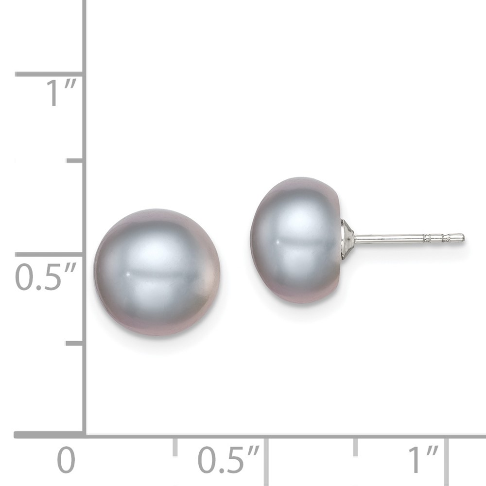 Sterling Silver Rhodium-plated 9-10mm Grey Button Freshwater Cultured Pearl Post Earrings (QE12679)