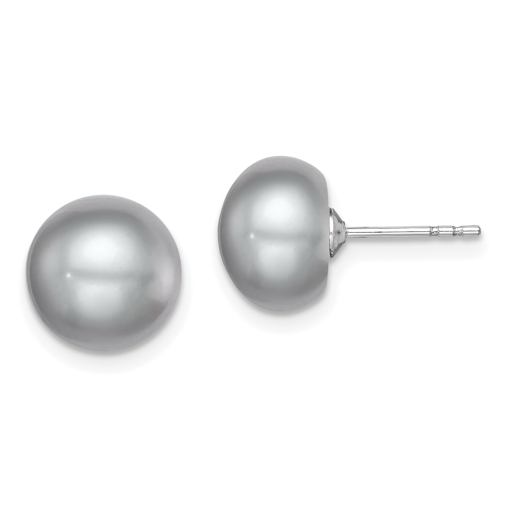 Sterling Silver Rhodium-plated 9-10mm Grey Button Freshwater Cultured Pearl Post Earrings (QE12679)