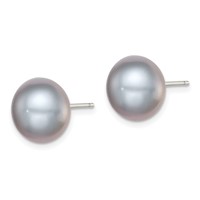 Sterling Silver Rhodium-plated 11-12mm Grey Button Freshwater Cultured Pearl Post Earrings view 2